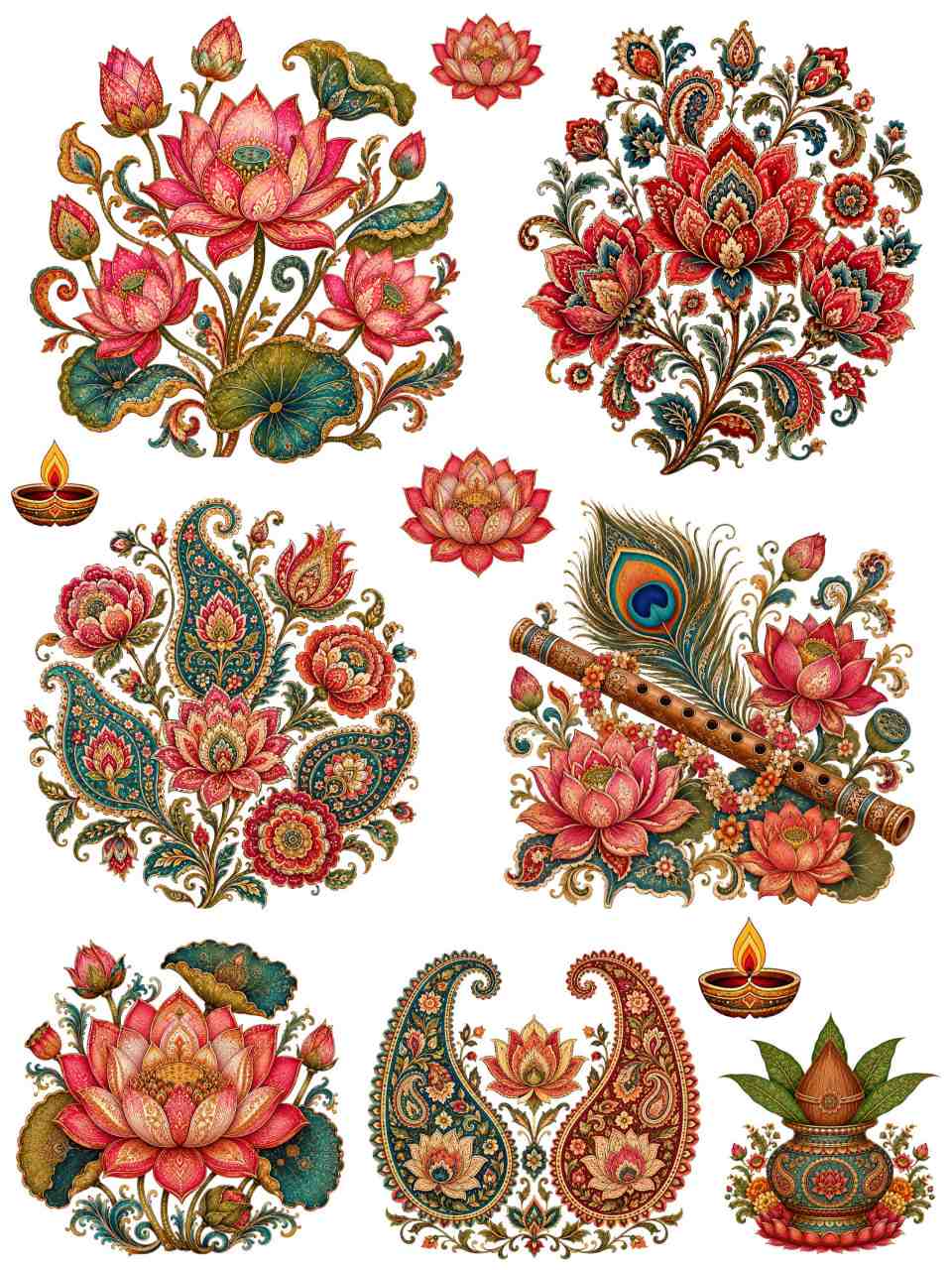 Lotus and Peacock Flute Kalamkari - Instant Transfer Sheet