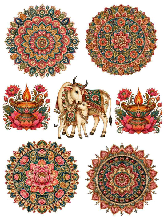 Mandala Rangoli Cow Kalamkari - Instant Transfer Sheet