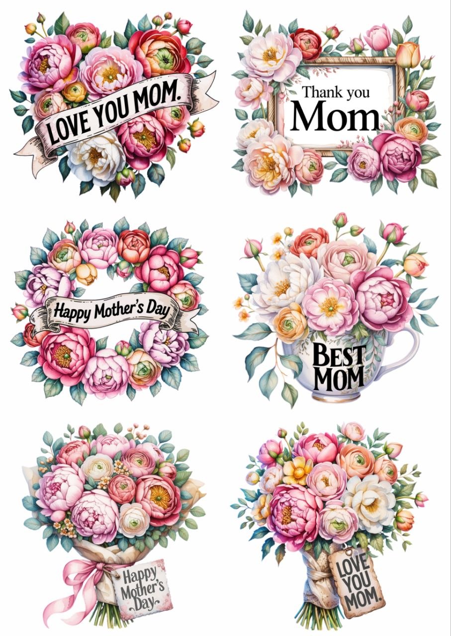 Mom Floral Bouquet - Mother's Day - Press N Peel Stickers (UV DTF) Size A6