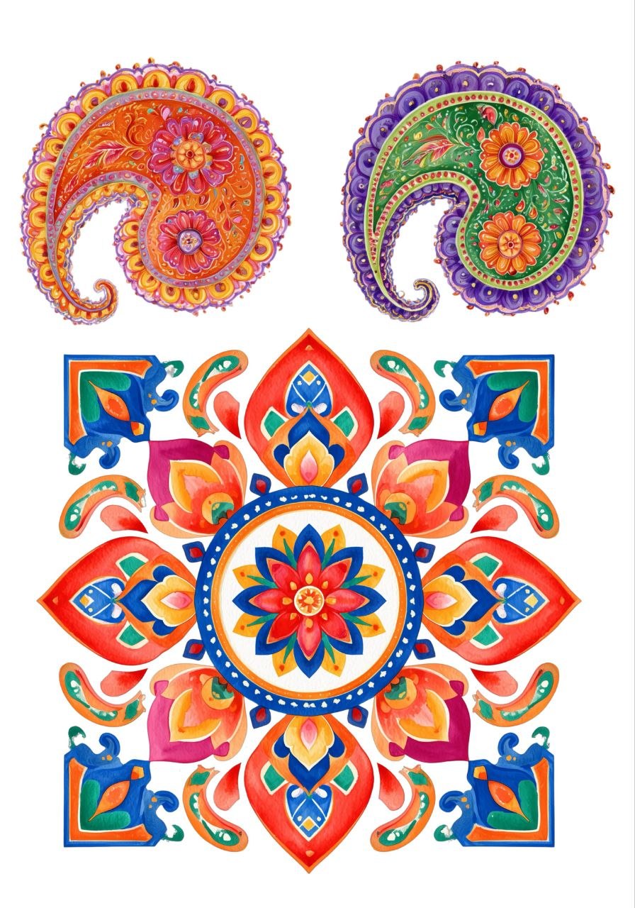 Paisley n Floral Tile Rangoli - Mini Instant Transfer Sheet