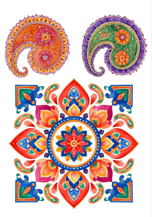 Paisley n Floral Tile Rangoli - Mini Instant Transfer Sheet
