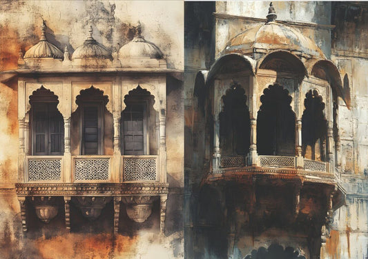 Palace Window - Burnt Color Sepia Tones (2 in 1 - Decoupage Paper)