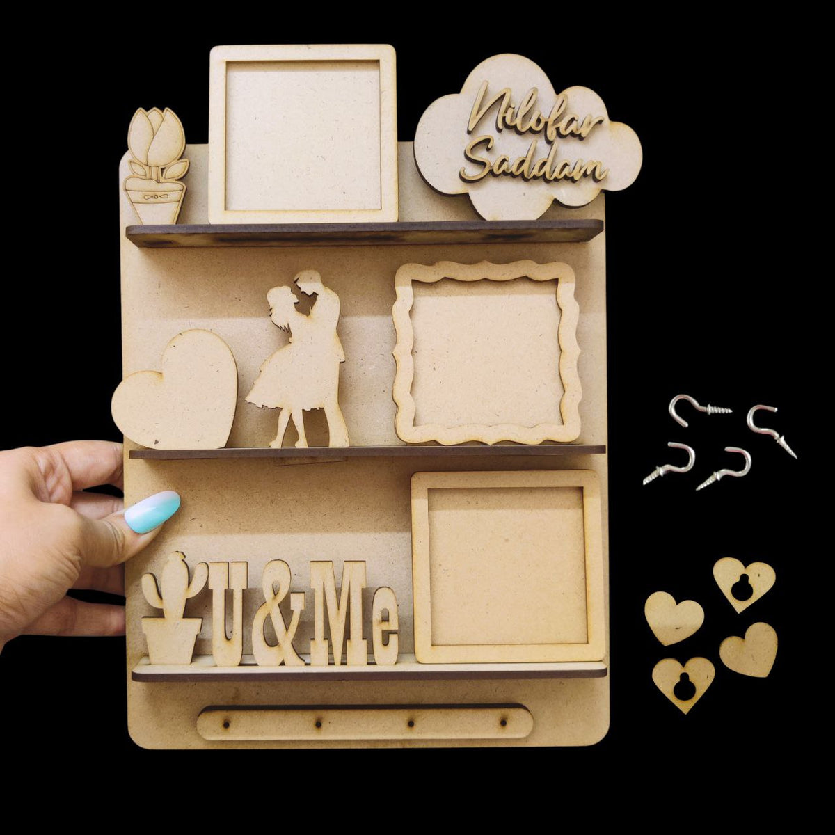 Personalised - Miniature Shelf wall art cum Keyholder (MDF - Valentine's)