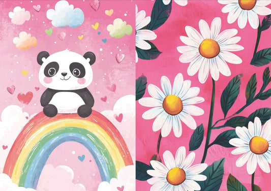 Rainbow Cloud Panda and White Sunflower (Decoupage Paper)2in1
