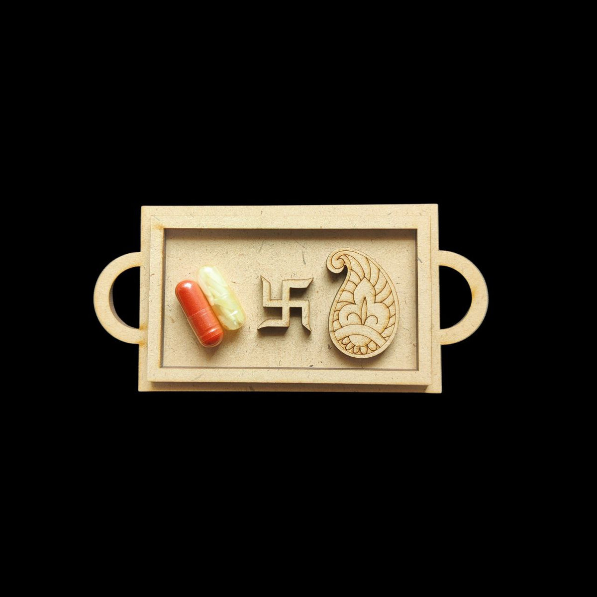 Rectangular Handle Swastika & Paisley (MDF Mini Roli chawal Platter - Festive Collection)