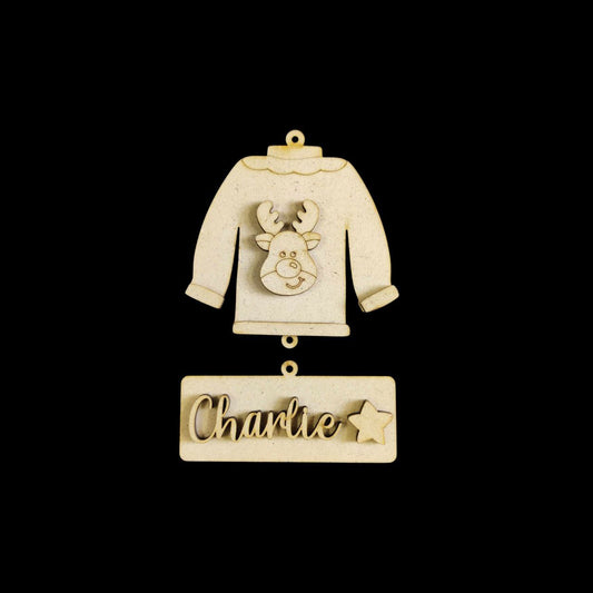 Reindeer Face - Fleece Sweater Jacket Ornament - Personalised - Christmas (MDF)