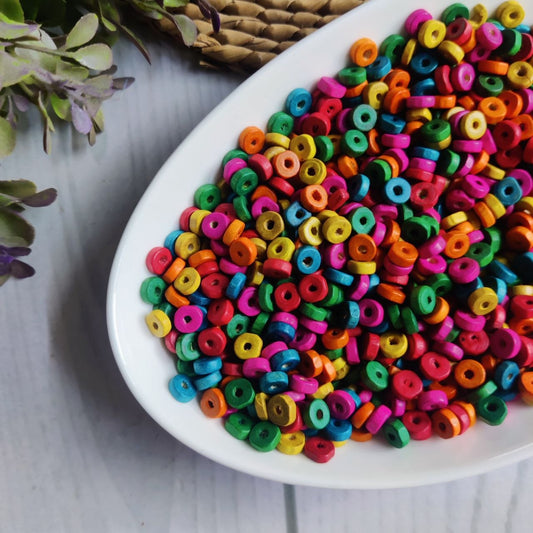 Round Flats - Mixed Colourful Wooden Beads