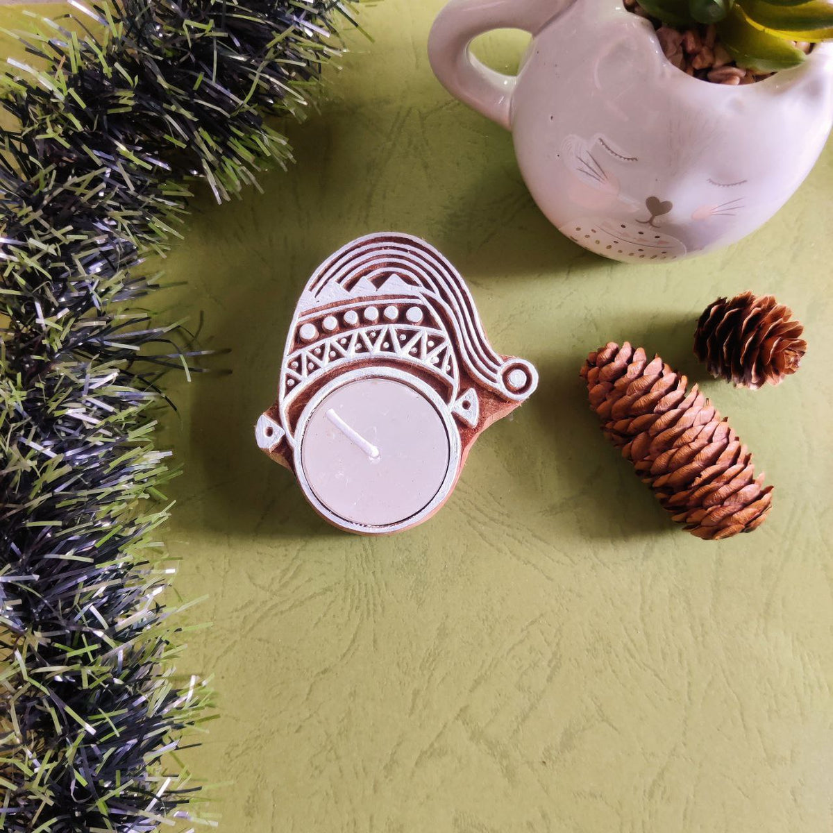 Santa Claus Hat - Wooden Block Print Tealight (Christmas Essential)