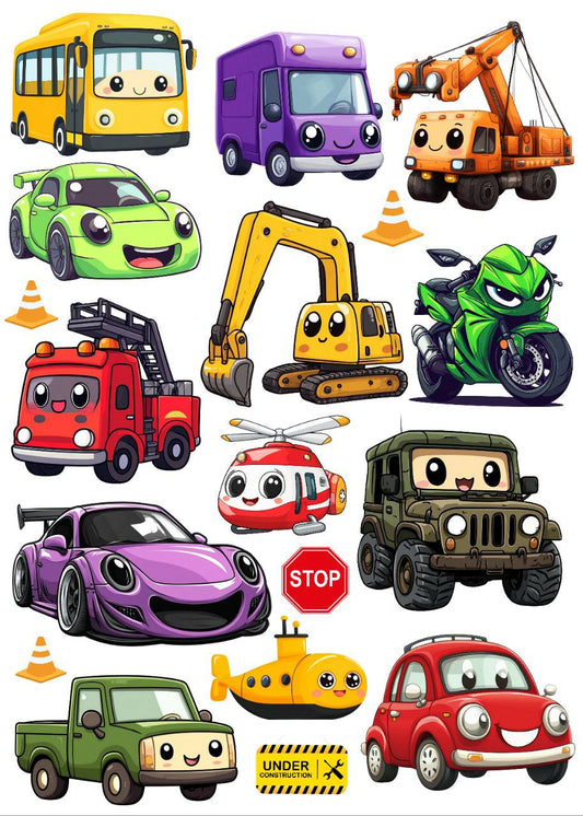Smiley Vehicles - Cars, Trucks Bike Bus (Instant Transfer Sheet)