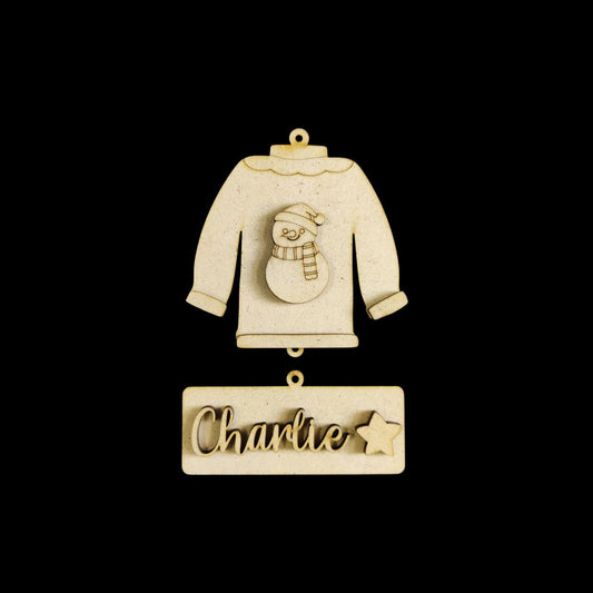 Snowman - Fleece Sweater Jacket Ornament - Personalised - Christmas (MDF)