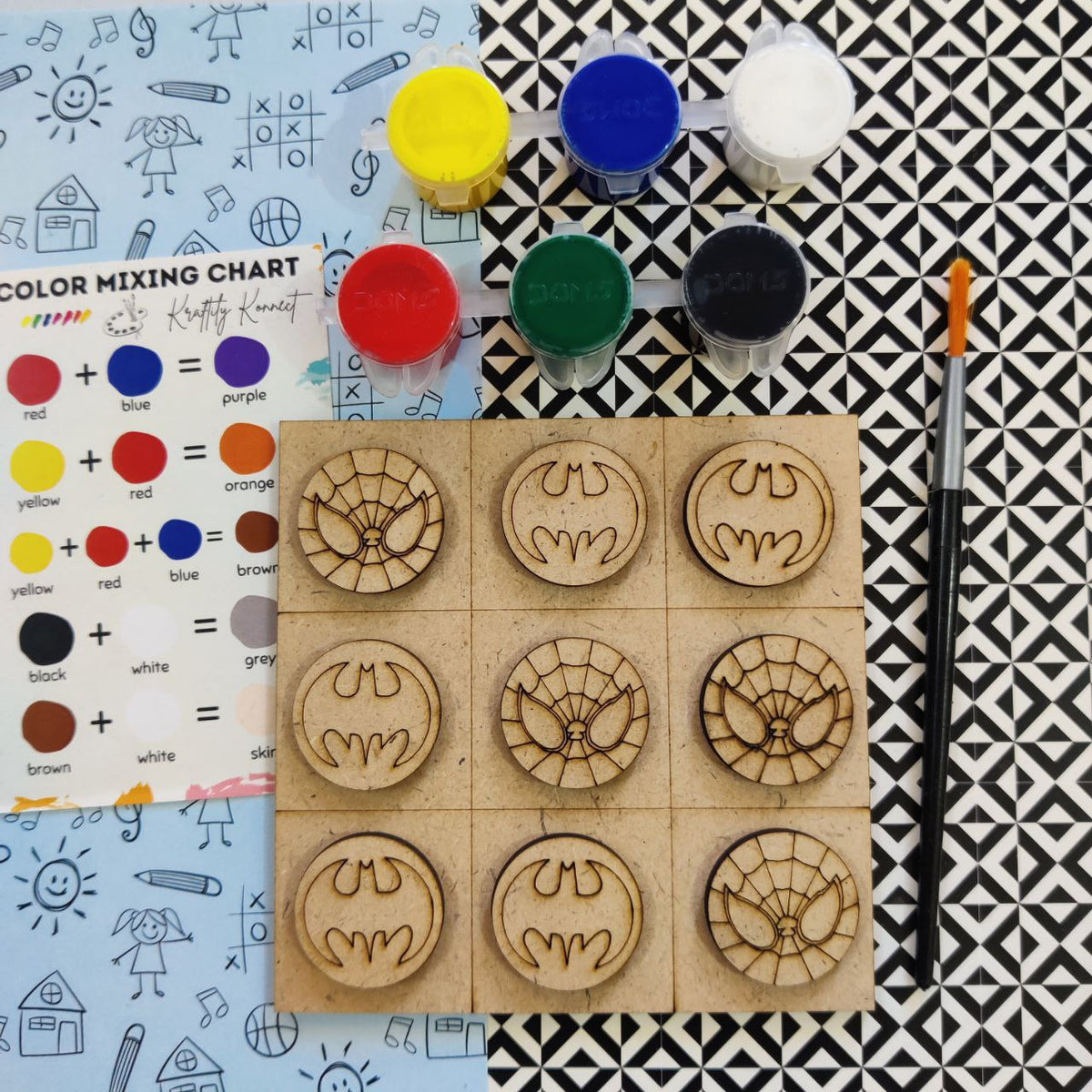 Spiderman and Batman (DIY Tic Tac Toe Kit - MDF)