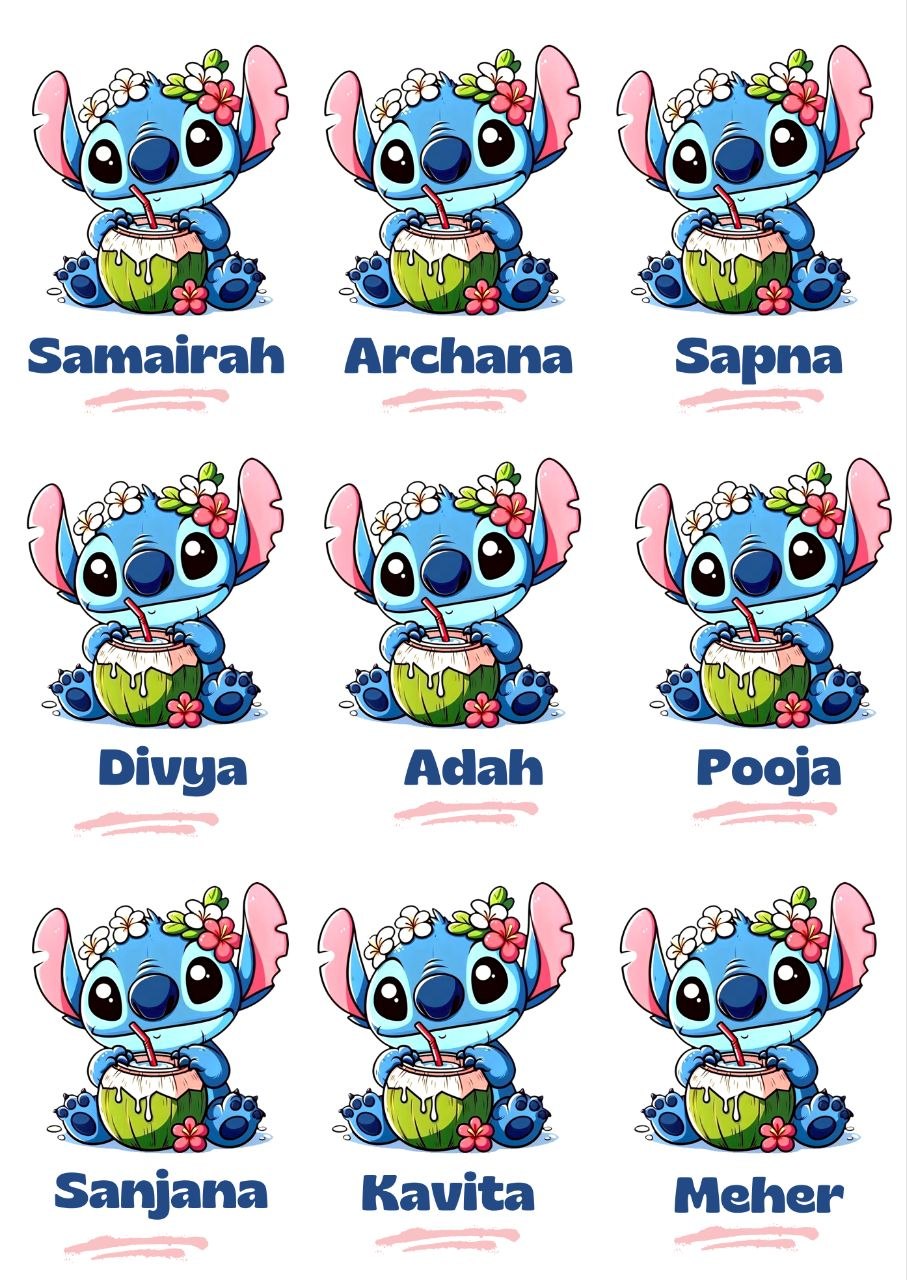 Stitch Cartoon - Personalised DTF Press n Peel Stickers (A6) 9 Names
