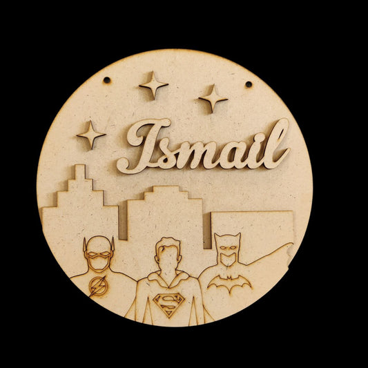 Superheroes city -  personalised monograms ( Name plate base MDF )