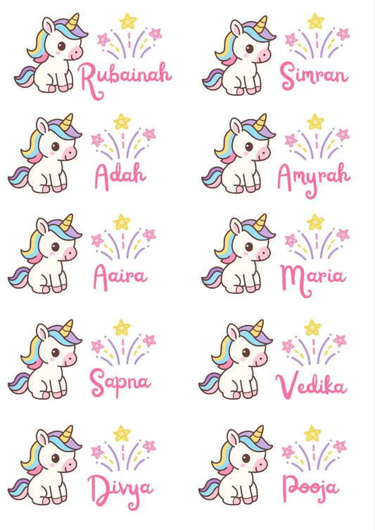 Unicorn Bliss - Personalised DTF Press n Peel Stickers (A6) 10 names