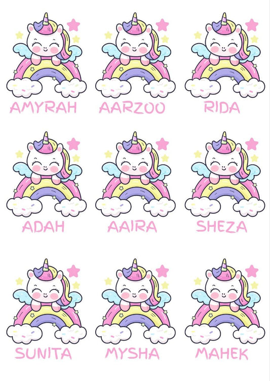 Unicorn Rainbow - Personalised DTF Press n Peel Stickers (A6) 9 Names
