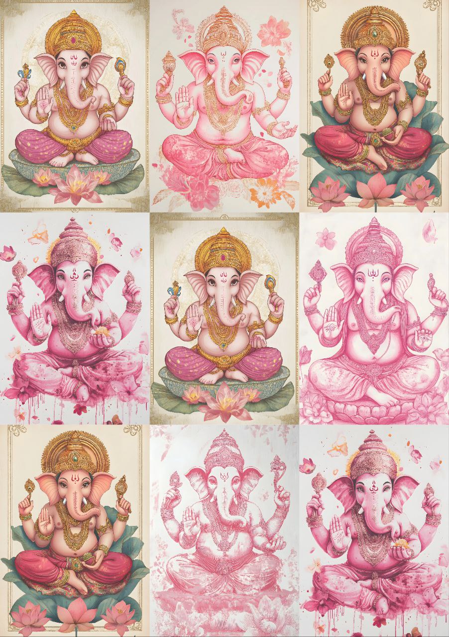 Ganesha Ganpati - Pink Shades (9 in 1 - Decoupage Paper) Ganesha Ganpati - Pink Shades (9 in 1 - Decoupage Paper) - Image 1